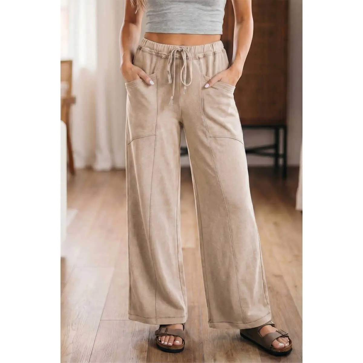 Women's Soft Cotton Western Pants, Comfortable Retro High Waist Wide Leg Bottoms with Mineral Wash and Drawstring Pockets, Elastic, Lady, Fabric, Casual, Baggy, Clothes