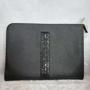 Pre-owned Prada Black Saffiano Leather Document Pouch Croc Embossed Stripe FY037 26.05.21