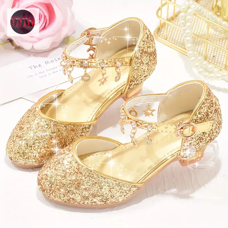 YYW1 Sparkling Princess Heels Girls - Glittery Sequin & Star Design, Elegant Ankle Suspender Dress Shoes Weddings, Performances & Formal Events,//Fall, Shoes |   Charming Little Heels |   Glitt