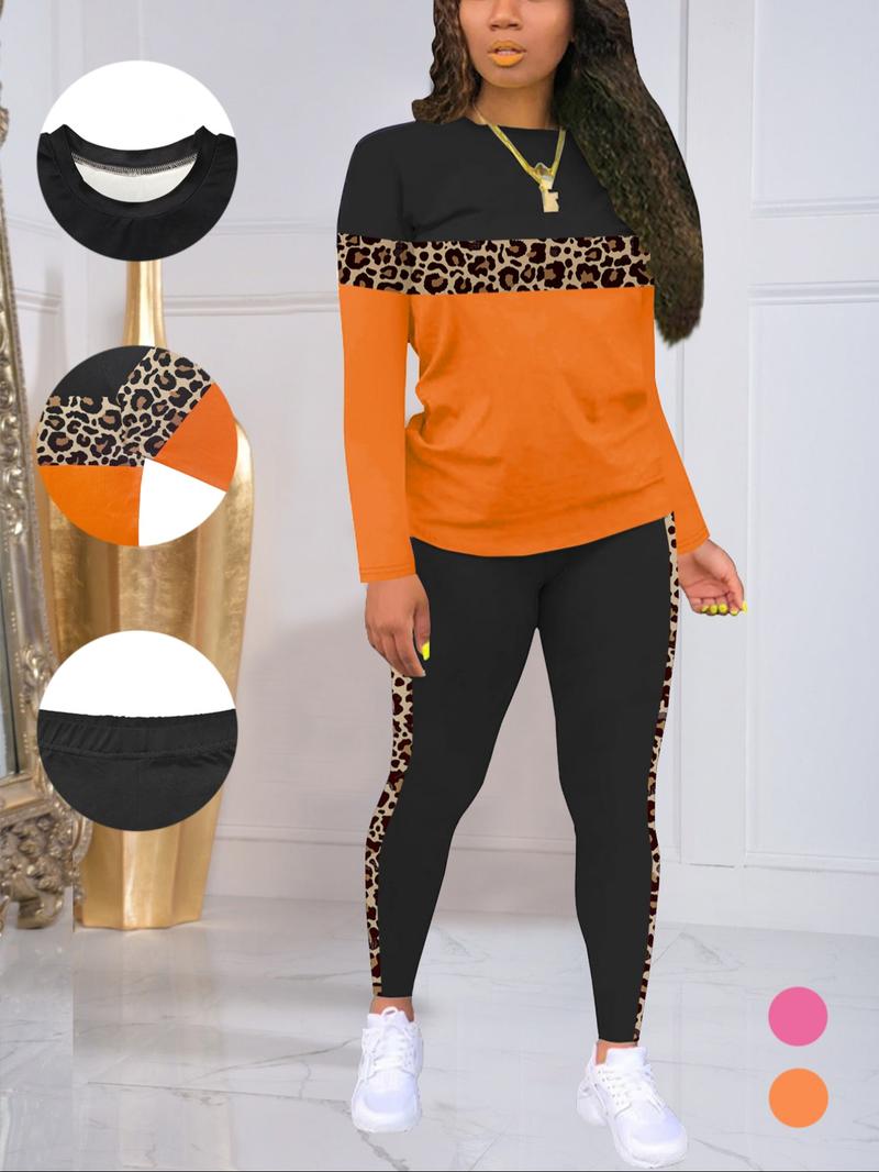 Women's Fall Winter Long Sleeve Pants Set, Leopard Patchwork Solid Color Casual, Home Party Leisure Wear, 2 Piece Set