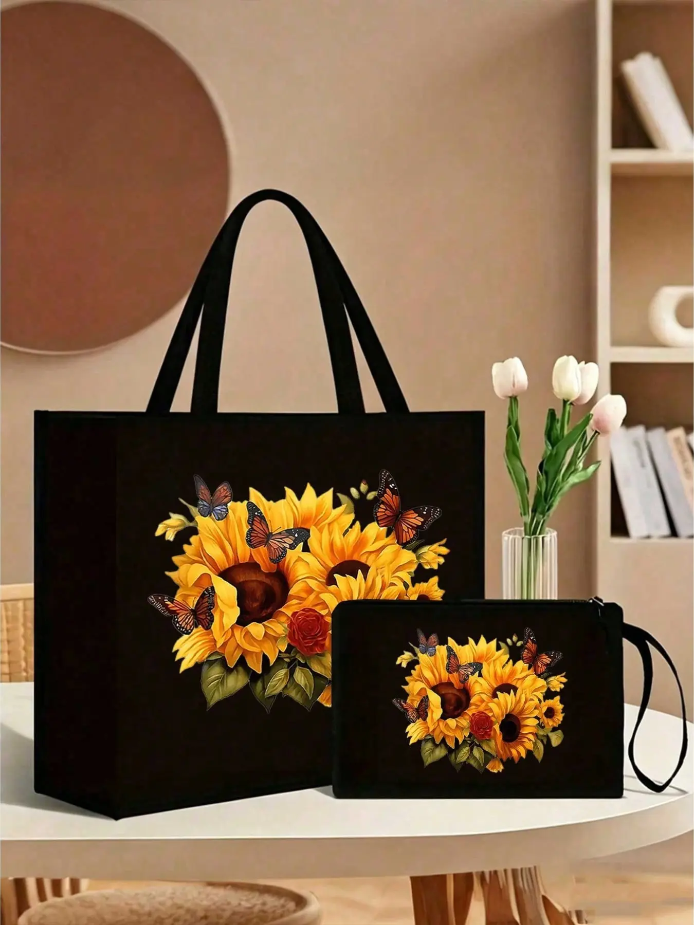 Sunflower and Blue Butterfly Print Tote Bag, Fashionable Casual Handbag, Ideal for Shopping, Travel, Beach, Daily Use, Gift