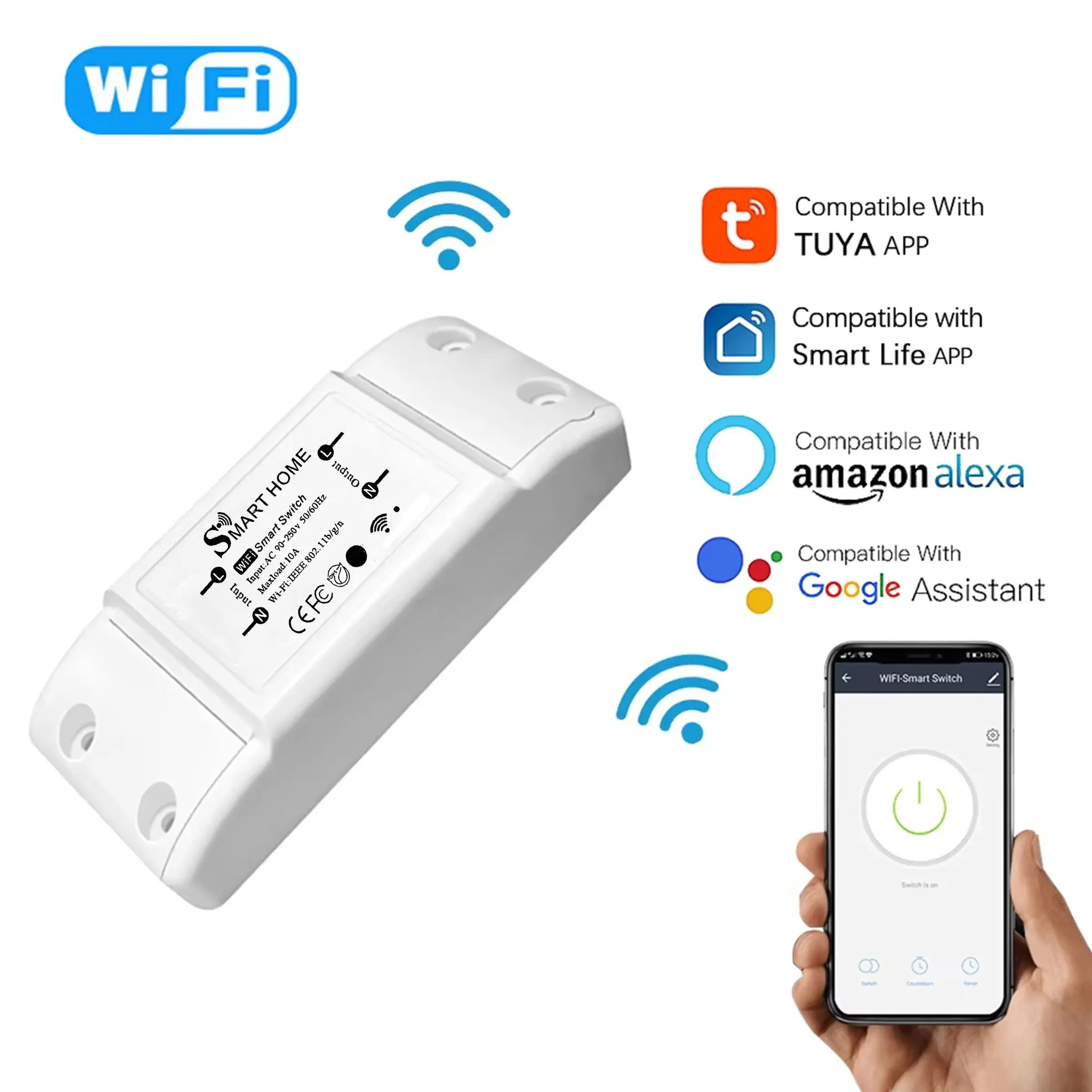 Tuya Smart WiFi Relay Switch, 10a Mini Remote Control Light Switch, Voice Control, Timer Function, Compatible with Alexa, Google Home, Smart Home Automation