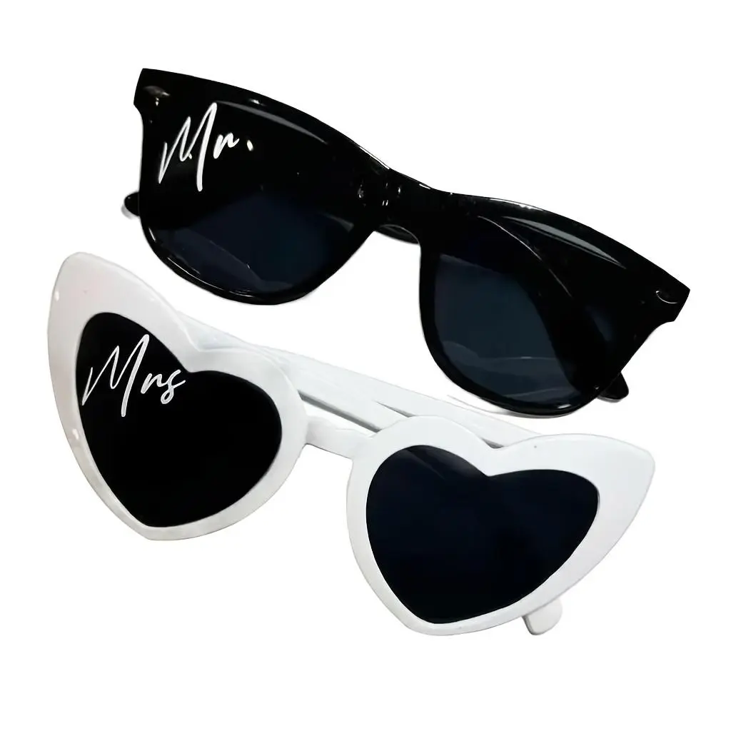 Mr. And Mrs. Glasses Set, White Heart And Black Square Wedding Eyewear for Bridal Shower, Engagement And Honeymoon Photoshoot
