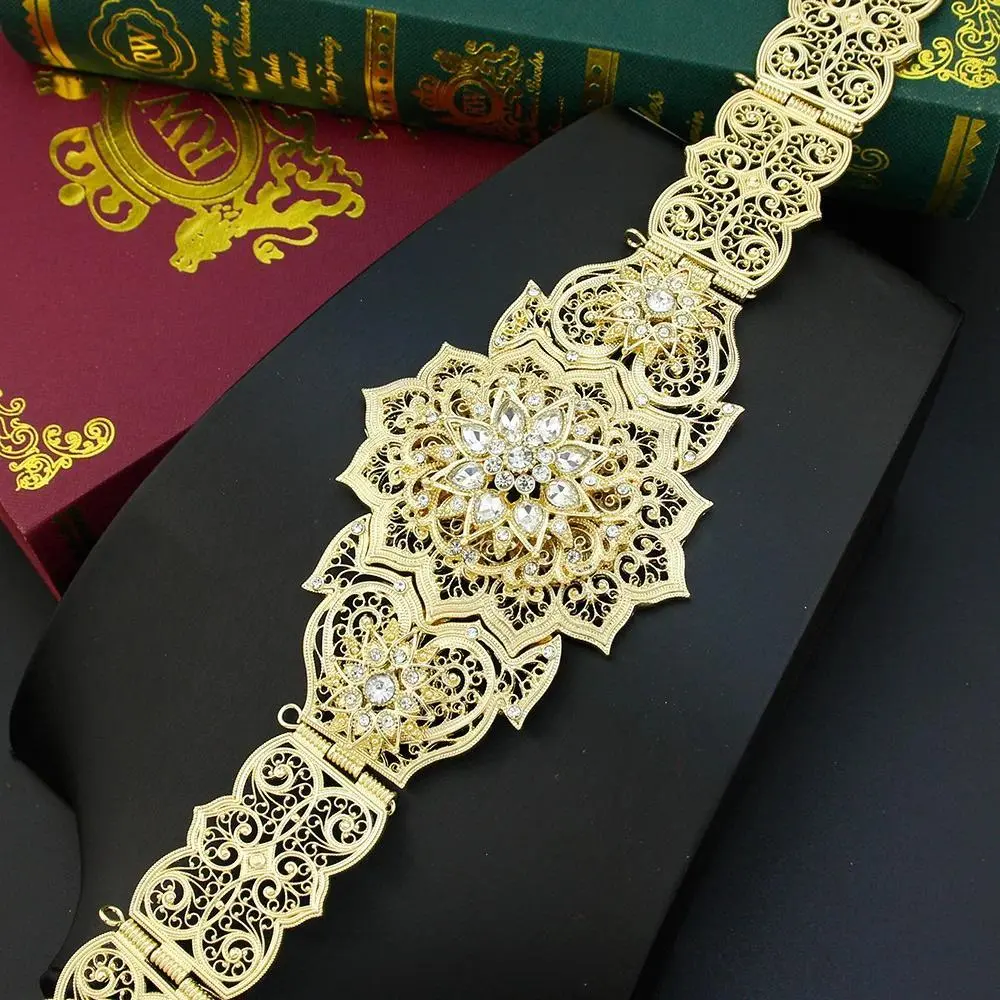 Sunspicems Gold Pu Leather Female Waist Sash Belt - Women's Moroccan Caftan Dress Accessory, Arabic Bride Wedding Jewelry, Body Chain, Female Belt