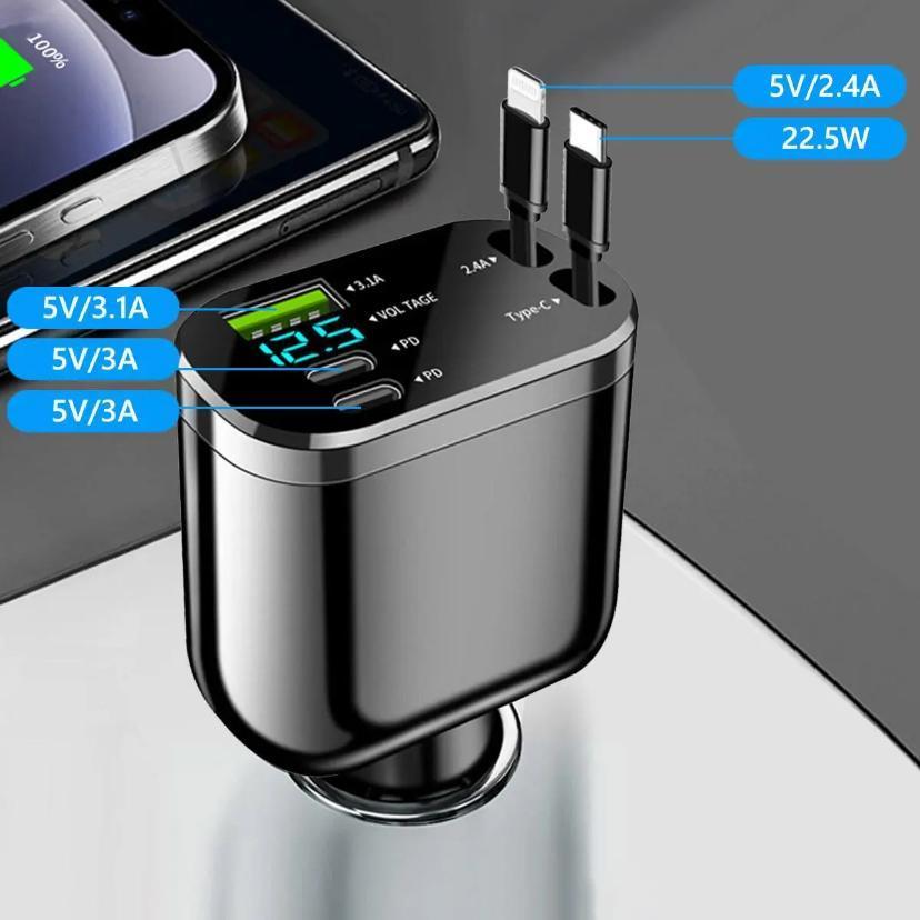 Compact Car Charger with Two Extendable Cables, Easy-to-Use Design for Apple and Android Phones, Multifunctional Portable Charging Solution