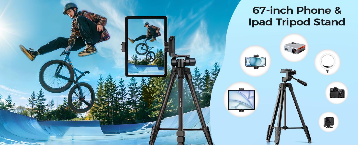 iPhone iPad Tripod Stand, 67" Phone Tripod for iPad Tablet Camera with 2 in1 Holder Remote Carry Bag, Aluminum Extendable iPhone Stand for Video Recording/Selfies/Live Stream/Vlogging