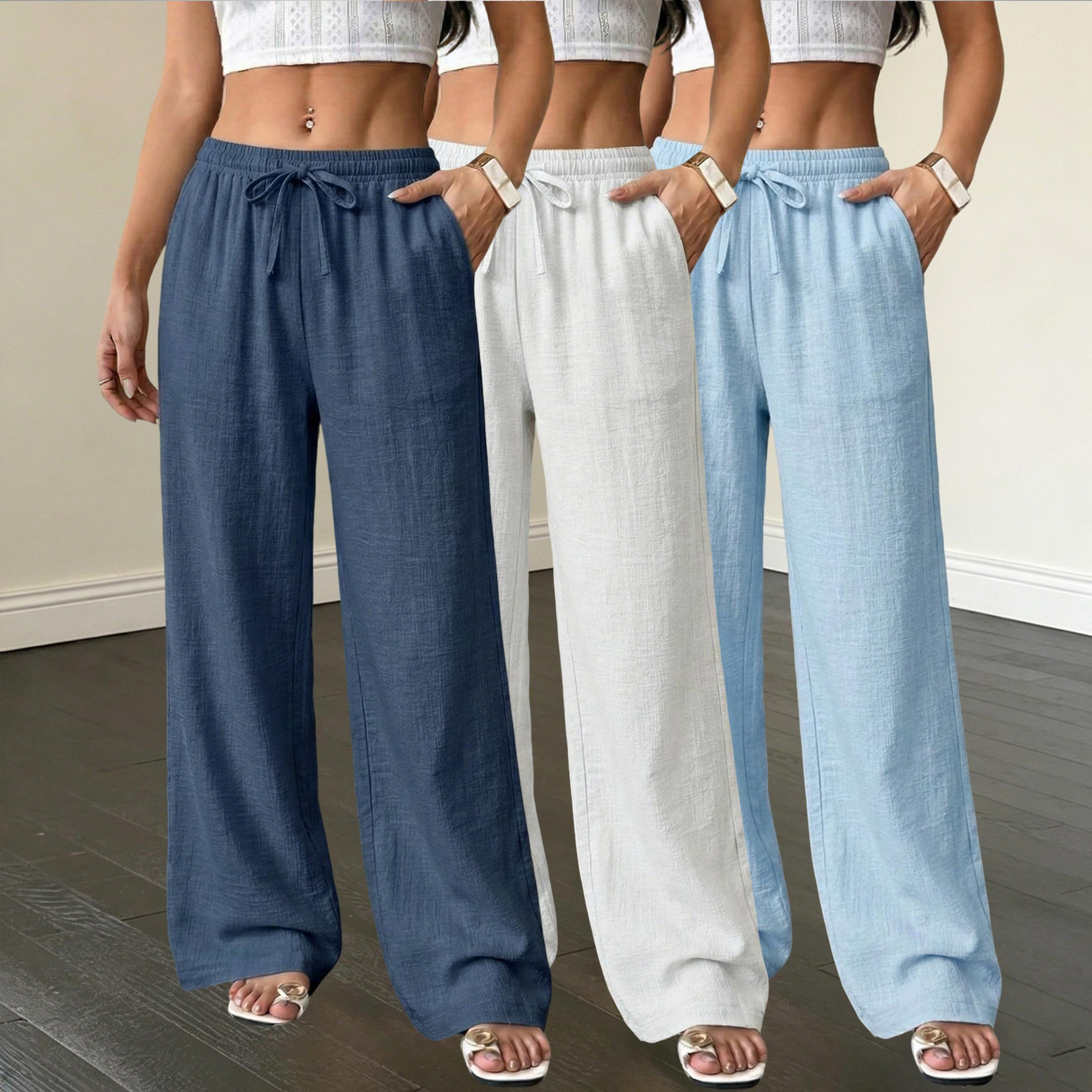 Women&rsquo;s 3 pack couple loose long pants made from woven polyester fiber, solid color straight leg design with drawstring and pockets, suitable for everyday outings and outdoor activities.