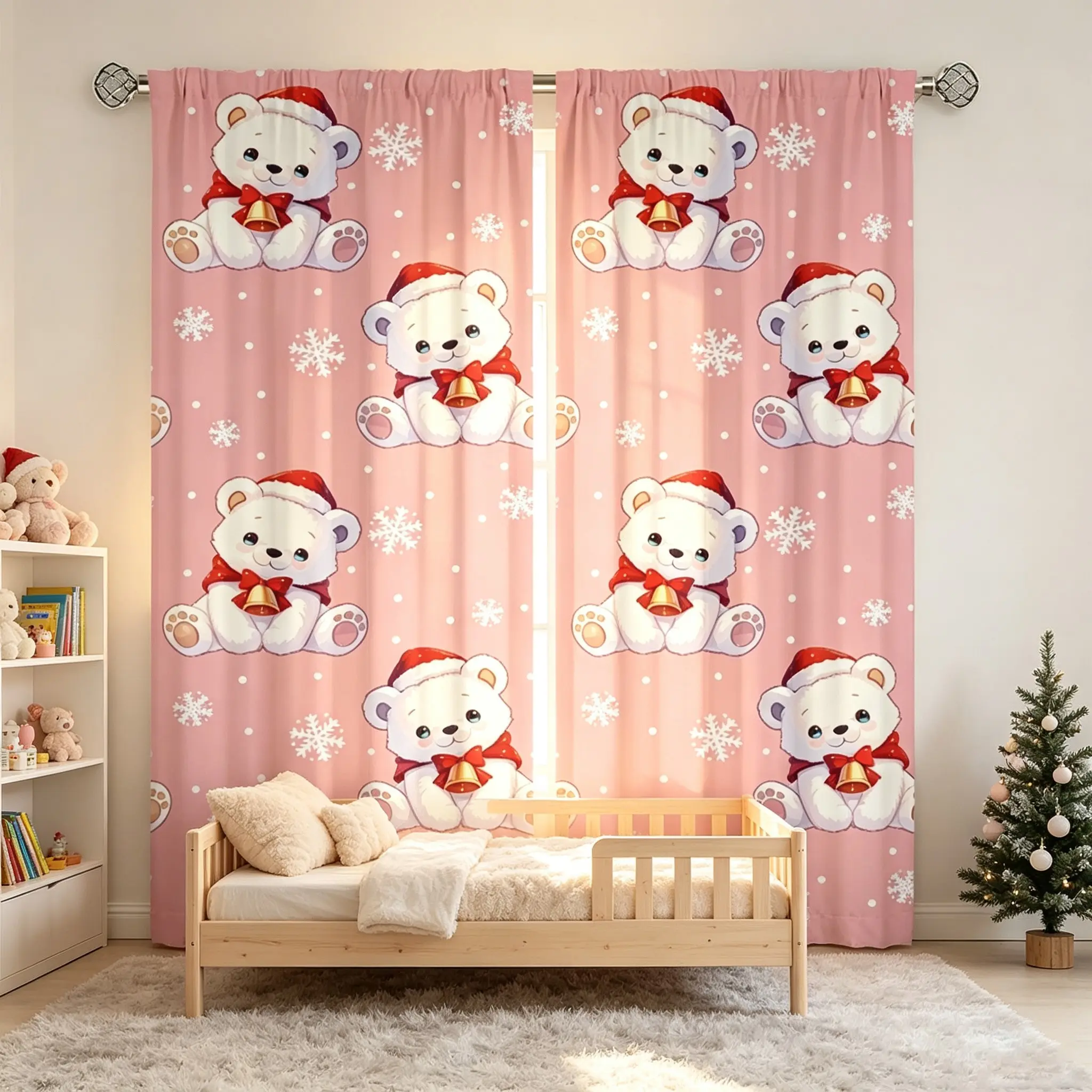 2-piece set of gentle pink cartoon Christmas teddy bear curtains with Christmas hats, red bows, bells, snowflake patterns, semi blackout curtains for girls' bedrooms, home bedrooms, children's rooms