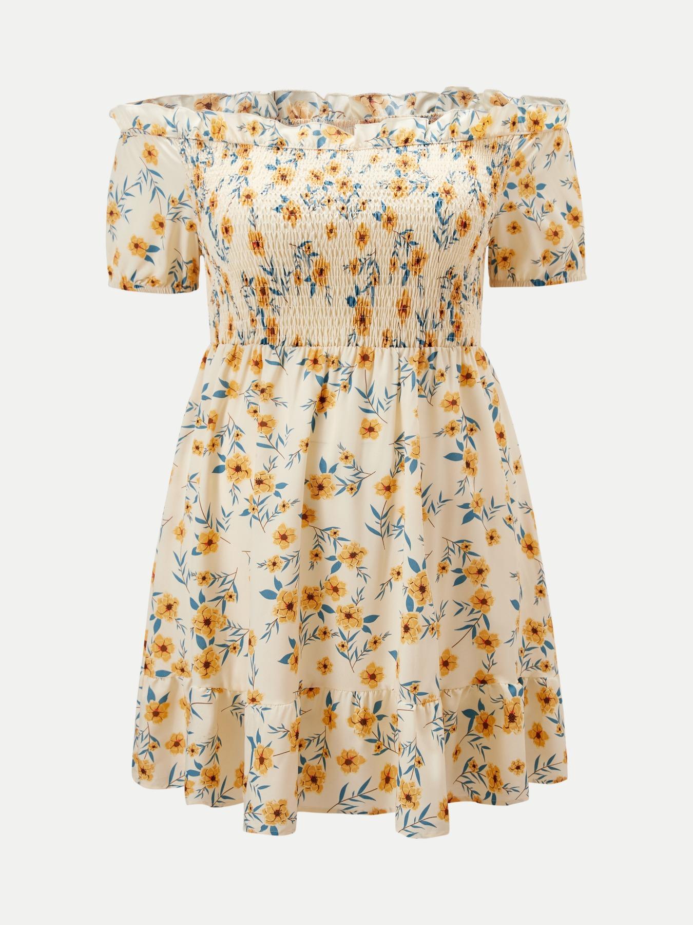 Plus Size Floral Print Off Shoulder A Line Dress, Boho Romantic Shirred Ruffle Hem Dress for Beach Vacation Holiday, Women's Plus Clothes for Summer