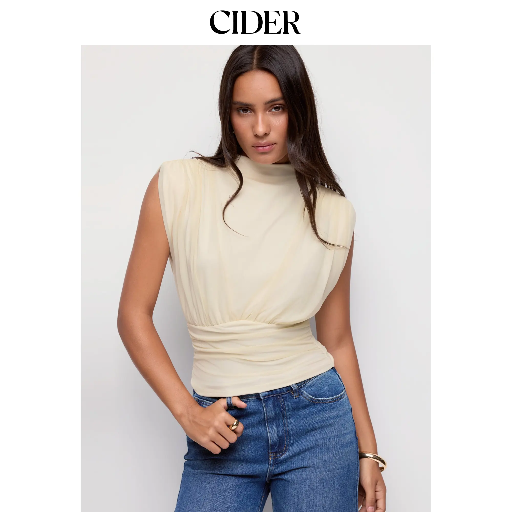 Cider Ruched Mock Neck Draped Top Cider Ruched Mock Neck Draped Top