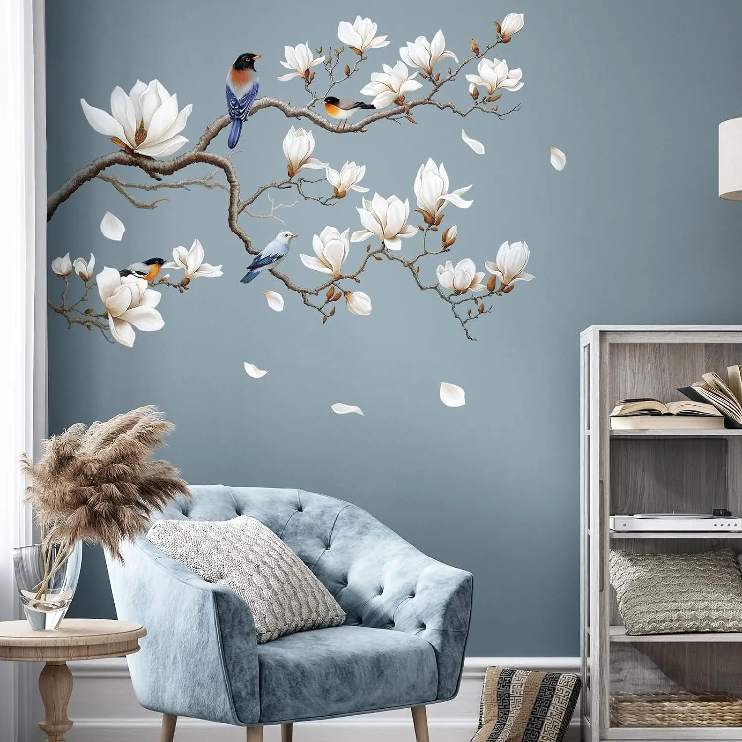 White Magnolia Tree Branch Wall  | White Flower Wall Stickers for Bedroom, Floral Branches Corner Peel and Stick Wall Art for Living Room Sofa(Left)