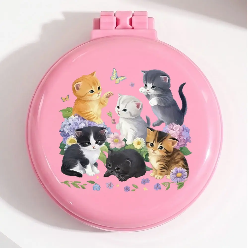 Cute Cat Pattern Folding Hair Comb, and Blue Colors, Portable Mini Air Cushion Brush, Pocket Size, Durable Design, Travel and Makeup Use