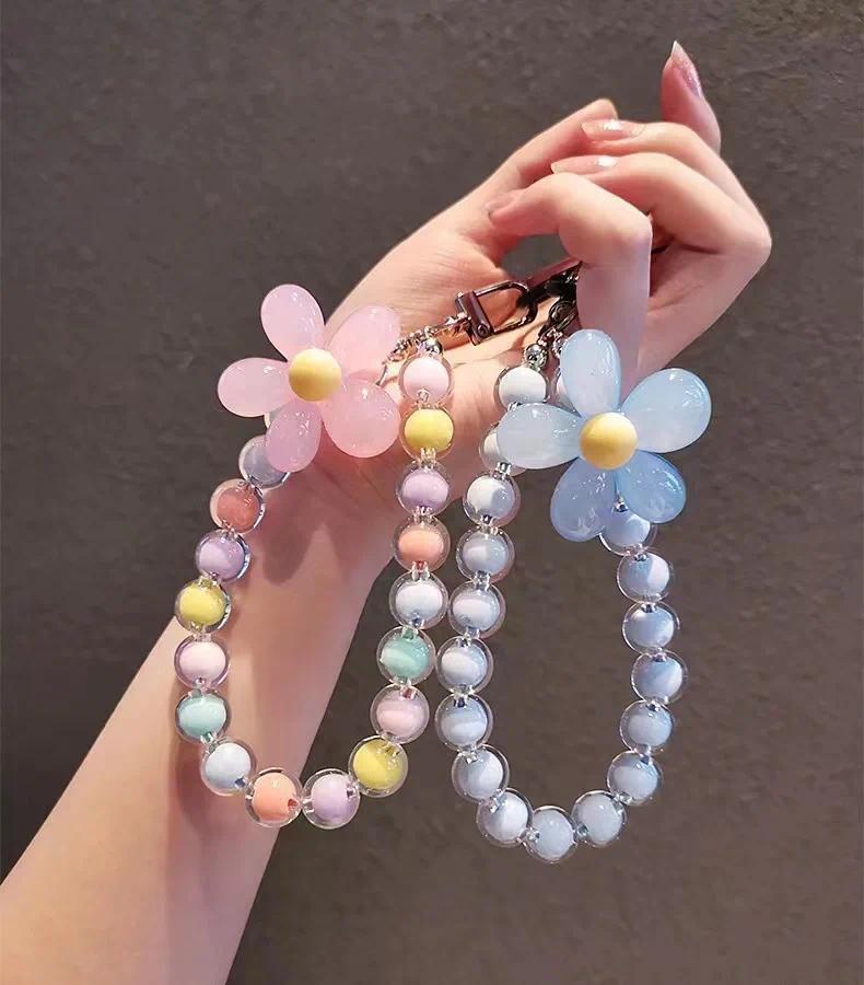 Colored bead petal Lanyard for IPhone Anti-Lost Bracelet for Samsung Mobile Phone Case Wrist Strap Car Keychain Cute Phone Charm