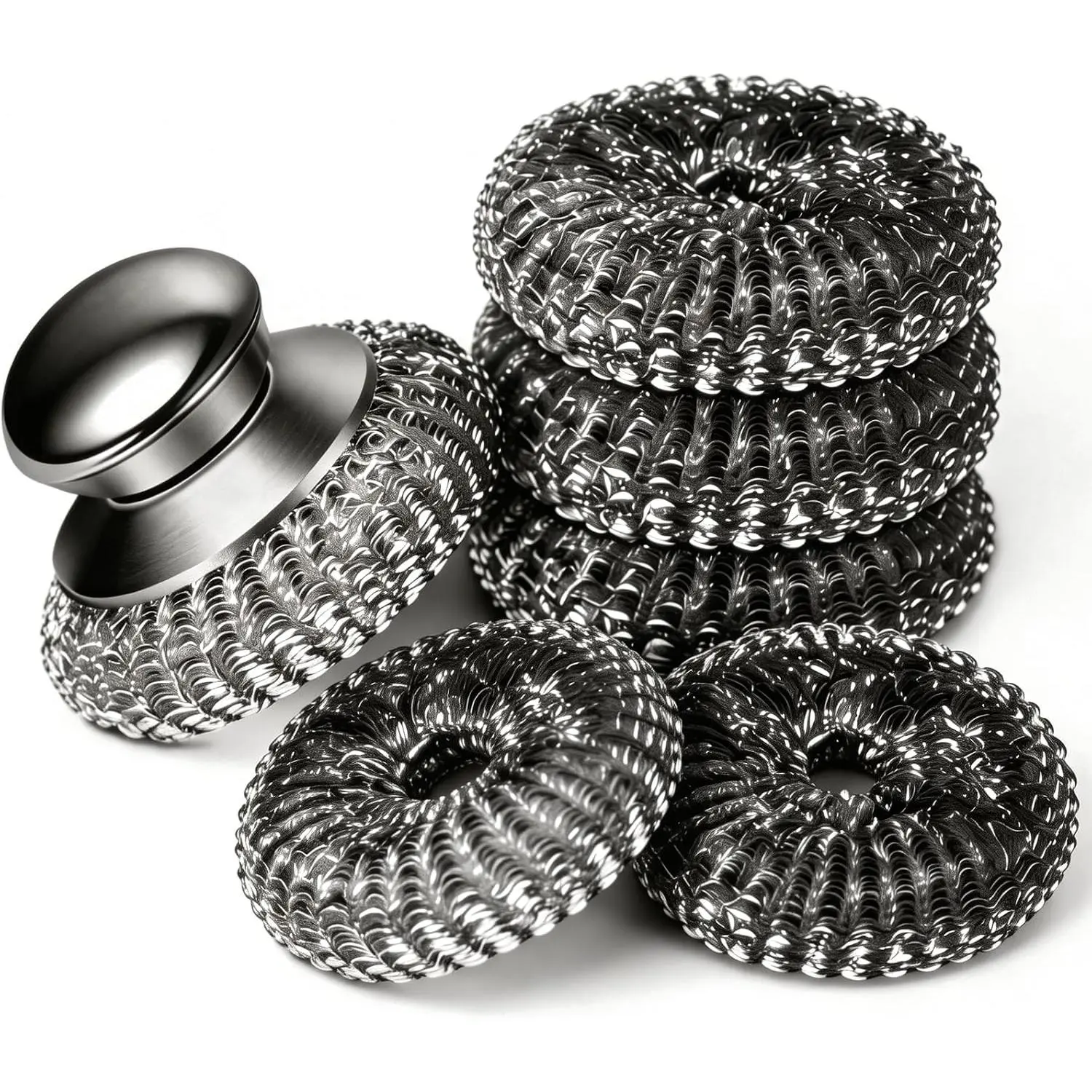6 count Steel   with  Wire Sponge Pads Set, Stainless Steel  for Dishes,  for Cleaning Metal Pans, Pots, Grills & , Sink(1 +5 Pads)