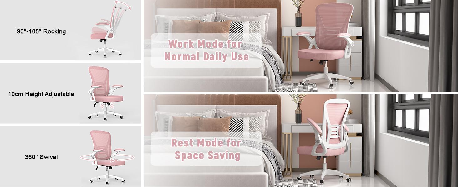 Ergonomic Office Chair, Computer Chair with Adjustable Height, Flip-Up Arms and Lumbar Support, Breathable Mesh Desk Chair for Home Study Working (Without Headrest, Pink)