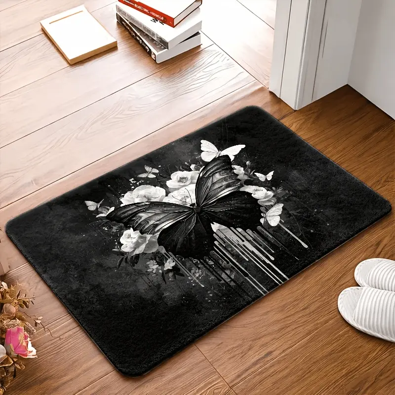 1PC 2D Flat Printing Black and White Butterfly Floral Outdoor Door Mat - Slip-resistant Foam-backed Velvet Mat, Durable, Machine Washable, Suitable for Living Rooms, Bathrooms, Porches, Living Room Decor