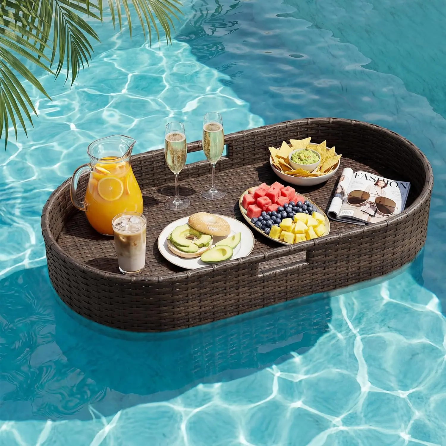 Pool Floating Tray, 38"x20" Oval Portable Serving Tray for Holding Fruits, Drinks & Essentials, Suitable for Pool Activities, Bathtub, Hot Tub, Beach Parties, Brown