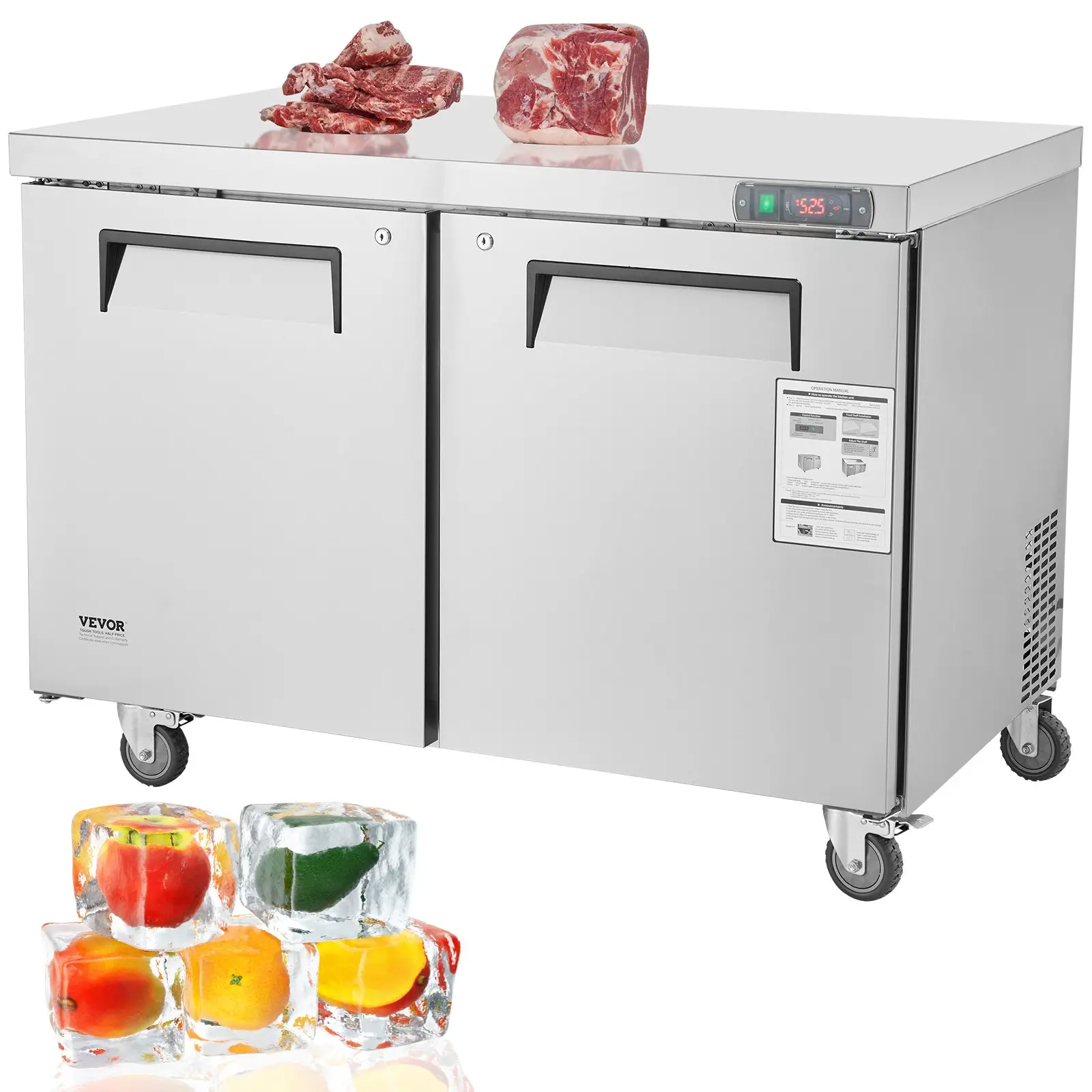 VEVOR 48" Commercial Frozen Refrigerator Sandwich Salad Prep Table, 12.9 Cu. Ft Stainless Steel Refrigerated Food Prep Station with 2 Doors, Frost Free Refrigerator with Lock for Restaurant, Bar