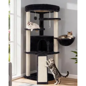 Corner Cat Tree for Indoor Cats, Cat Tower with All Sisal Scratching Posts, Multi-Level Cat Condo with Cat Cave, Large Top Perch, Hanging Basket, Sisal Scratching Ramp, Dark Gray GCT025G