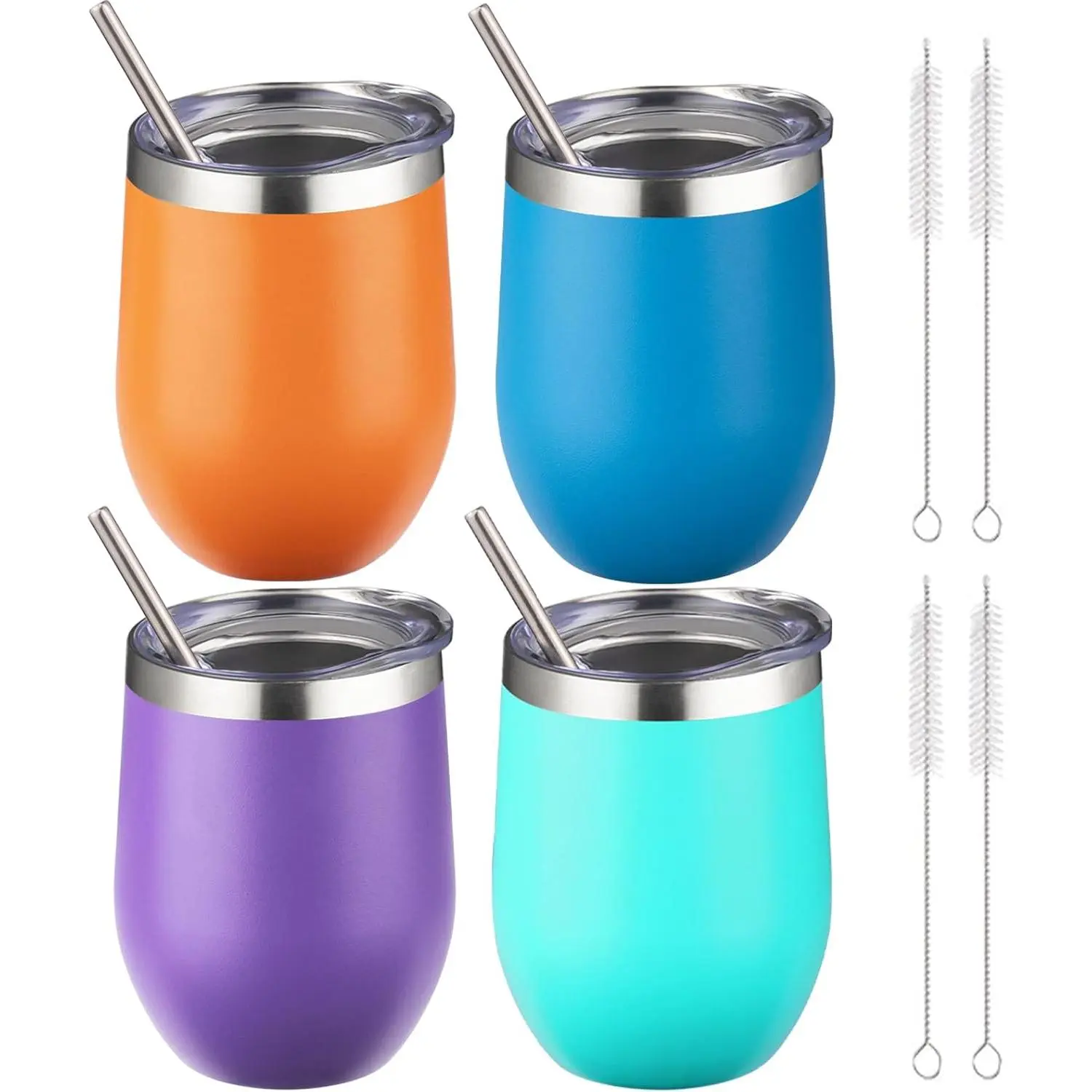 12 oz Insulated Wine Tumbler with Lid and Straw,Stainless Steel Stemless Wine Tumbler Double Wall Vacuum Wine Cups Tumbler Bulk for Coffee,Champaign,Cocktail,Office(Orange/Teal/Purple/Sky blue)