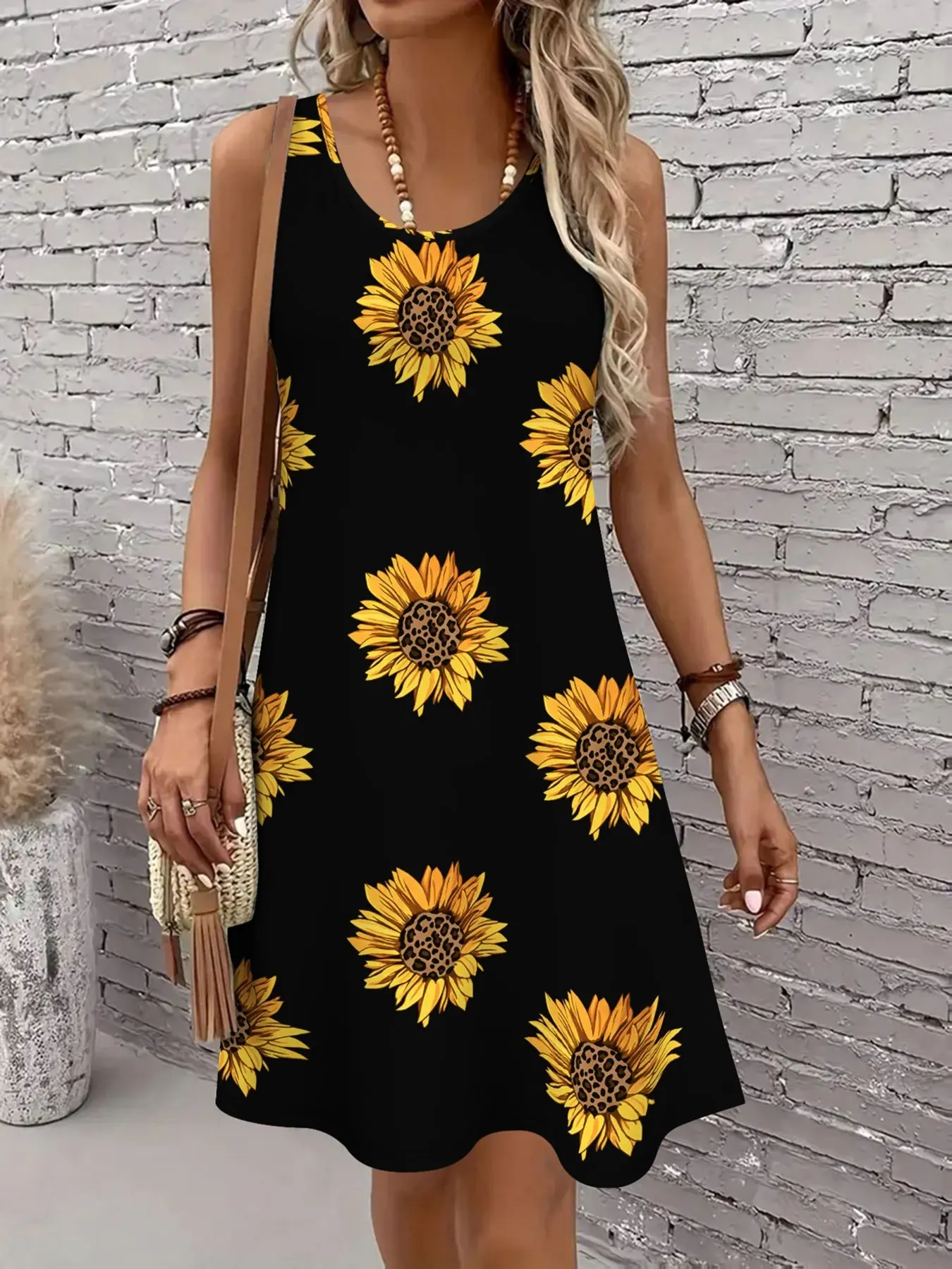 Women's casual sleeveless vest dress with a stylish daisy and sunflower print, perfect for summer outings, beach vacations, or lounging at home. Comfortable, breathable and lightweight for women's summer wear.