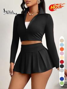 aliling women's solid zip up long sleeve crop jacket & high waist skirt two-piece set, casual fashion cozy two piece outfits for daily outdoor wear, women clothes for spring fall, womenswear, matching outfits