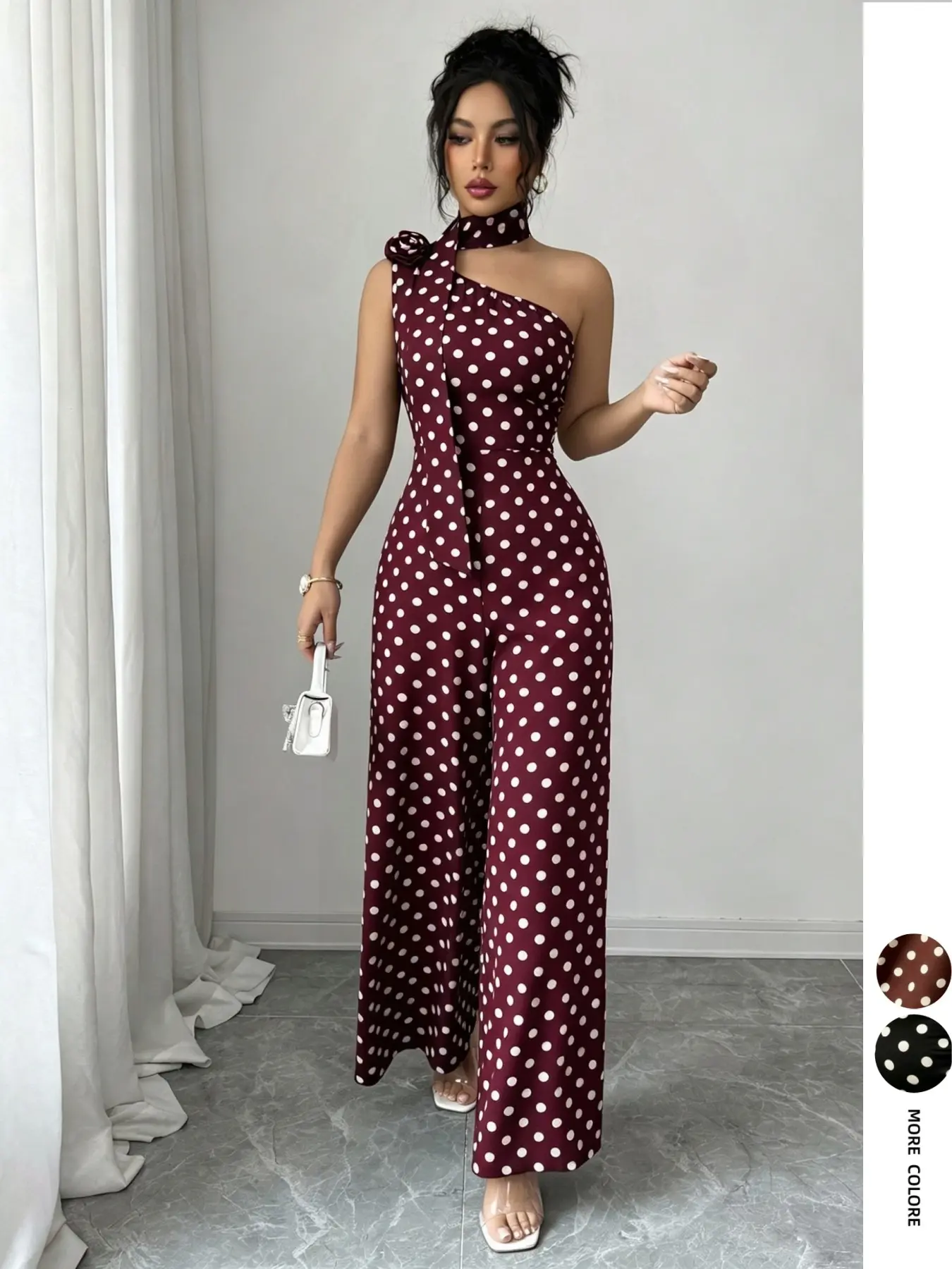 Women's Rose Flower Halter Neck Asymmetrical Vintage Chic Polka Dot Romper, High Waist Flowy Wide Leg Pants, Office Date Wear