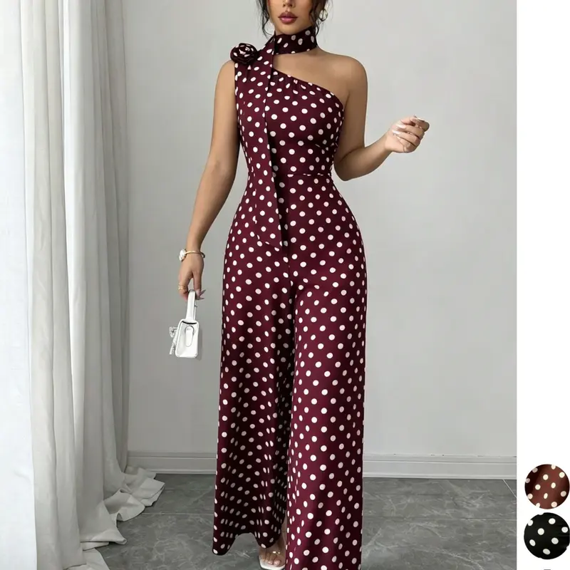 Women's Rose Design Halter Neck Asymmetrical Vintage Chic Polka Dot Sleeveless One-Piece Jumpsuit, High Waist Flowy Wide Leg Jumpsuit for Office and Daily Date Wear