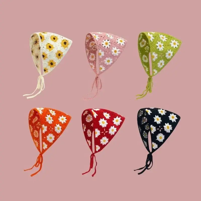 2026 Korean Sweet Cute Handmade Crochet Hollow Triangle Headband Towel Women Literary Photo Hair Scarf