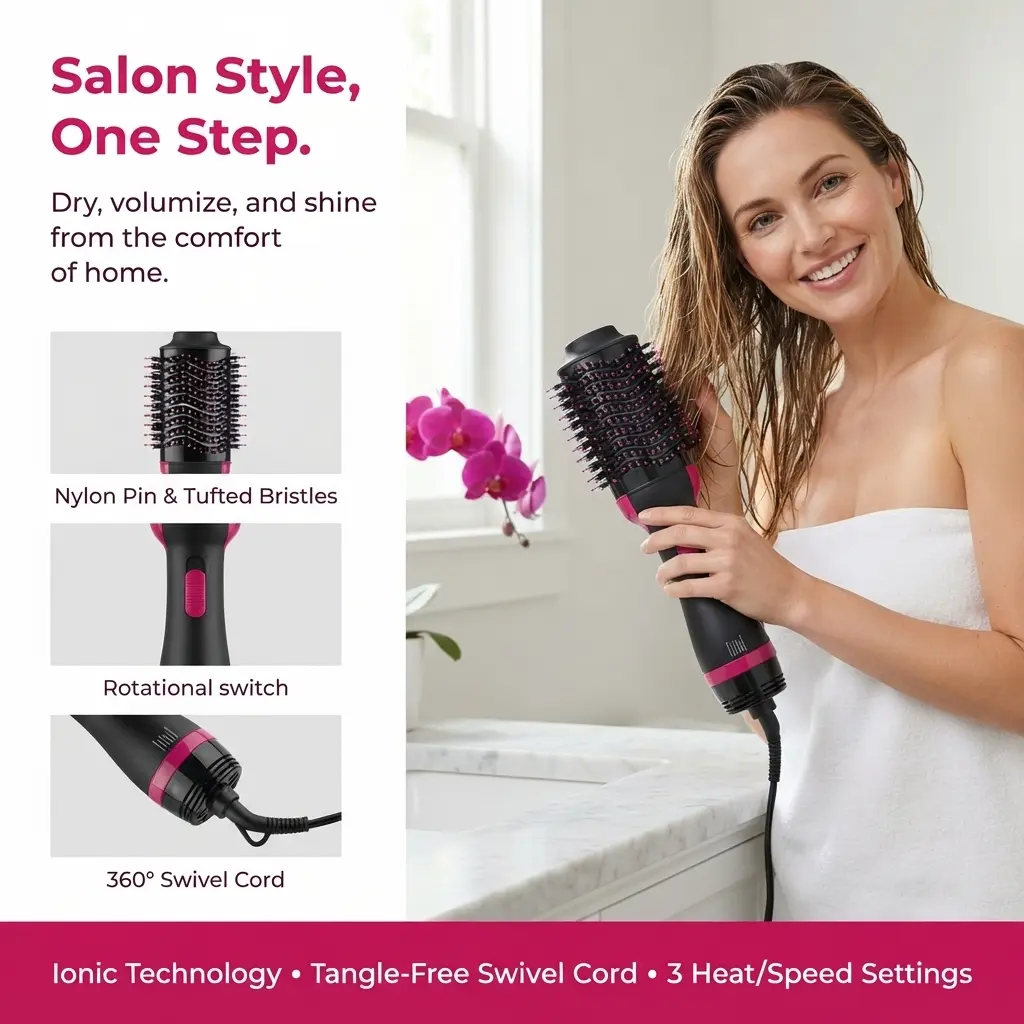 3‑in‑1 Multifunctional Hot Air Brush |   Hair Dryer, Straightener & Curler Styling Comb