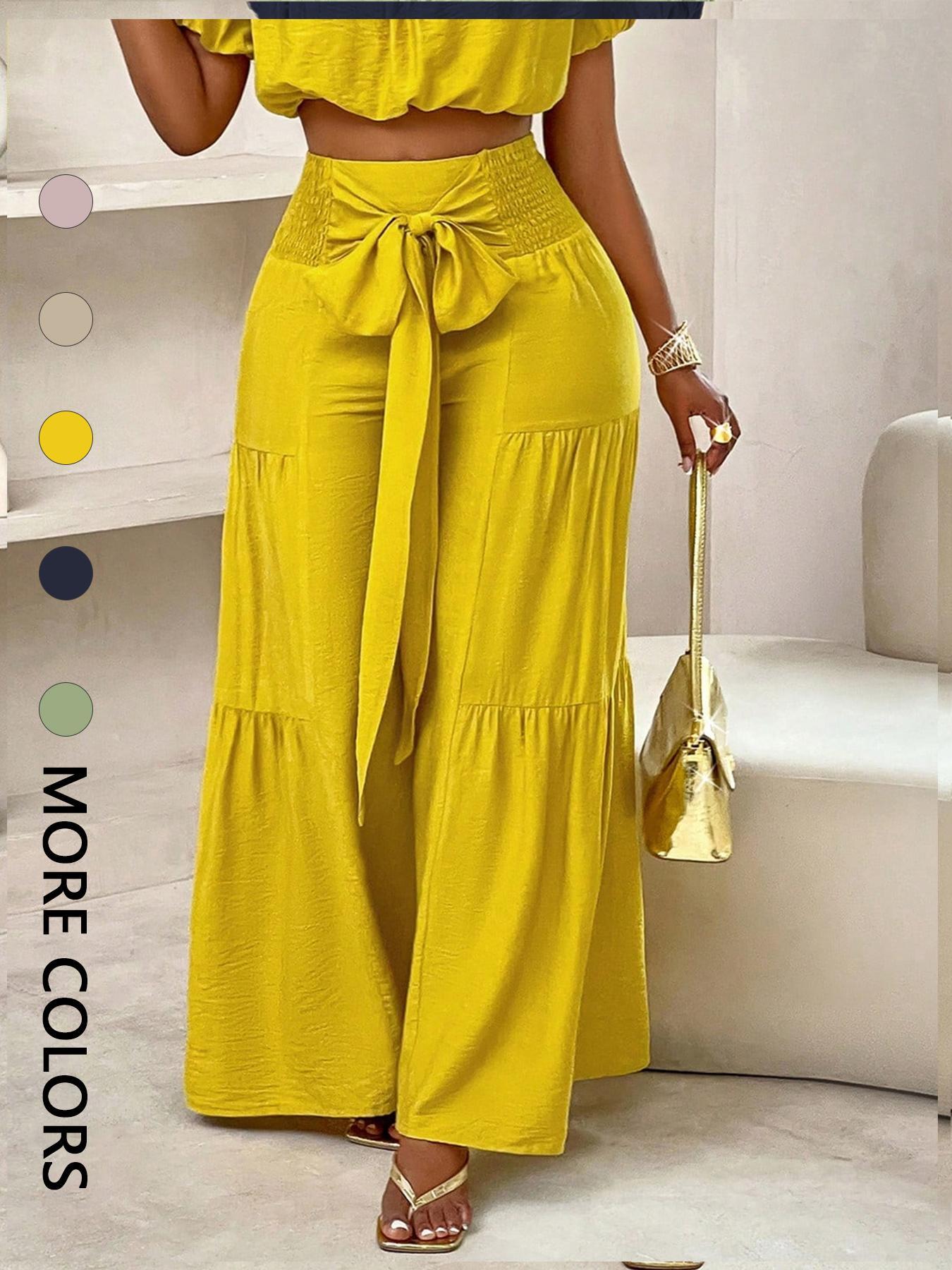 Women's Solid Color Flowy Wide Leg Pants, Casual Fashion Knot Front Trousers for Daily Wear, Ladies Bottoms for Summer