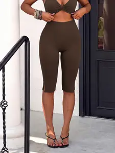 Brown High Waist Capri Leggings Women Stretchy Bodycon Seven Length Pants Slim Fit Athletic Yoga Capri Pants Casual Streetwear Workout Running Sculpting Activewear Summer Lounge Pants