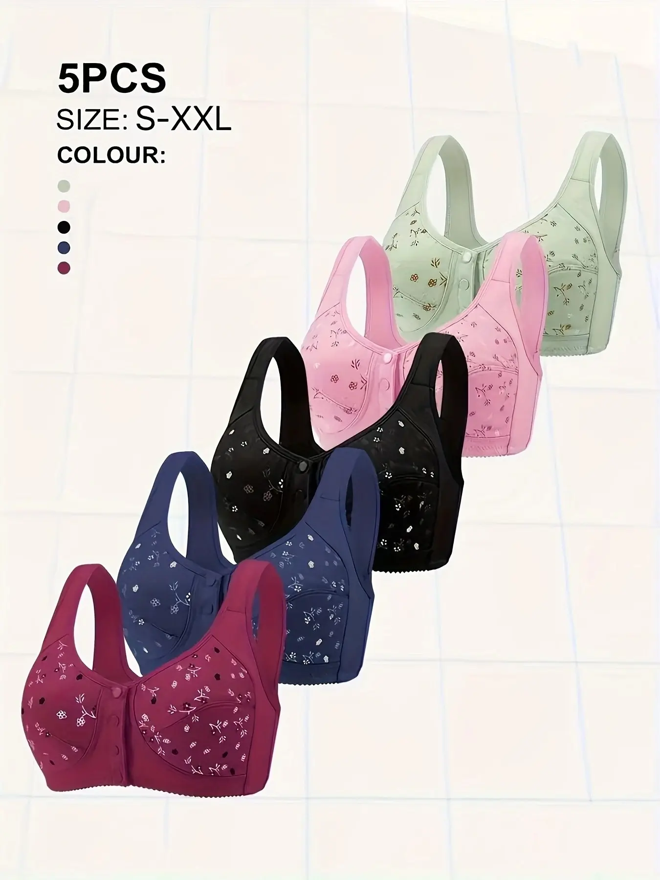 5-Pack Floral Wireless Bras, Front Closure Bra, Comfortable, Breathable & Elegant, Full Coverage Push-Up, Elderly-Friendly Front Buckle, All-Season Fitted Lingerie