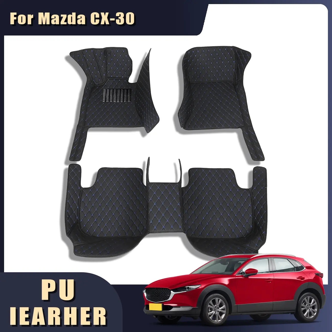 For Mazda CX-30-2020 Left wheel drive car floor mat, Automotive Mats, made of PU leather material and equipped with 360 degree high edge protection, with a non jamming throttle design, suitable for heavy weather, detachable and easy to clean