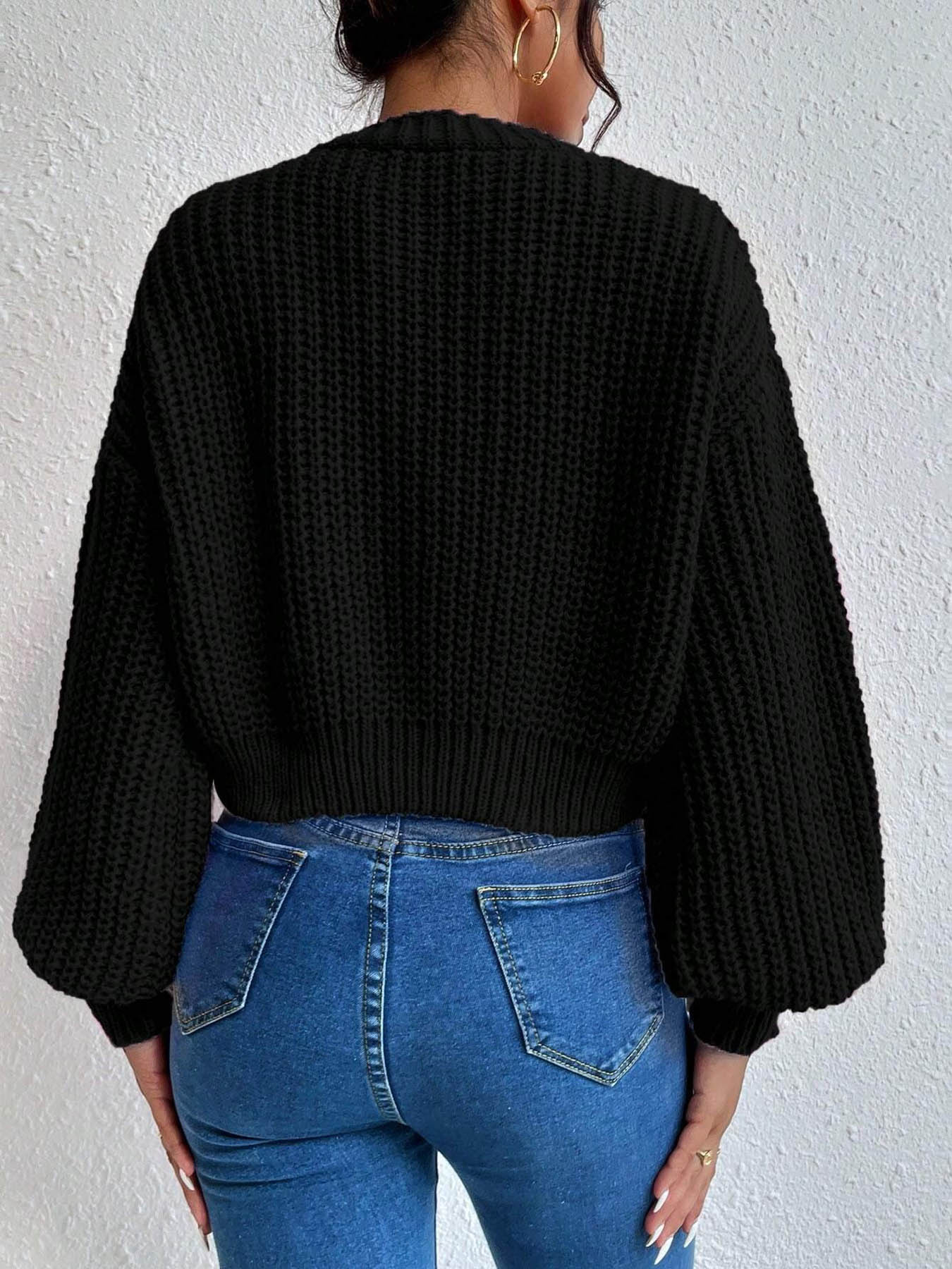 Women's Plain Bishop Sleeve Button Front Cardigan, Casual Long Sleeve V Neck Basic Knitwear for Fall & Winter, Fashion Women's Knit Clothing for Daily Wear