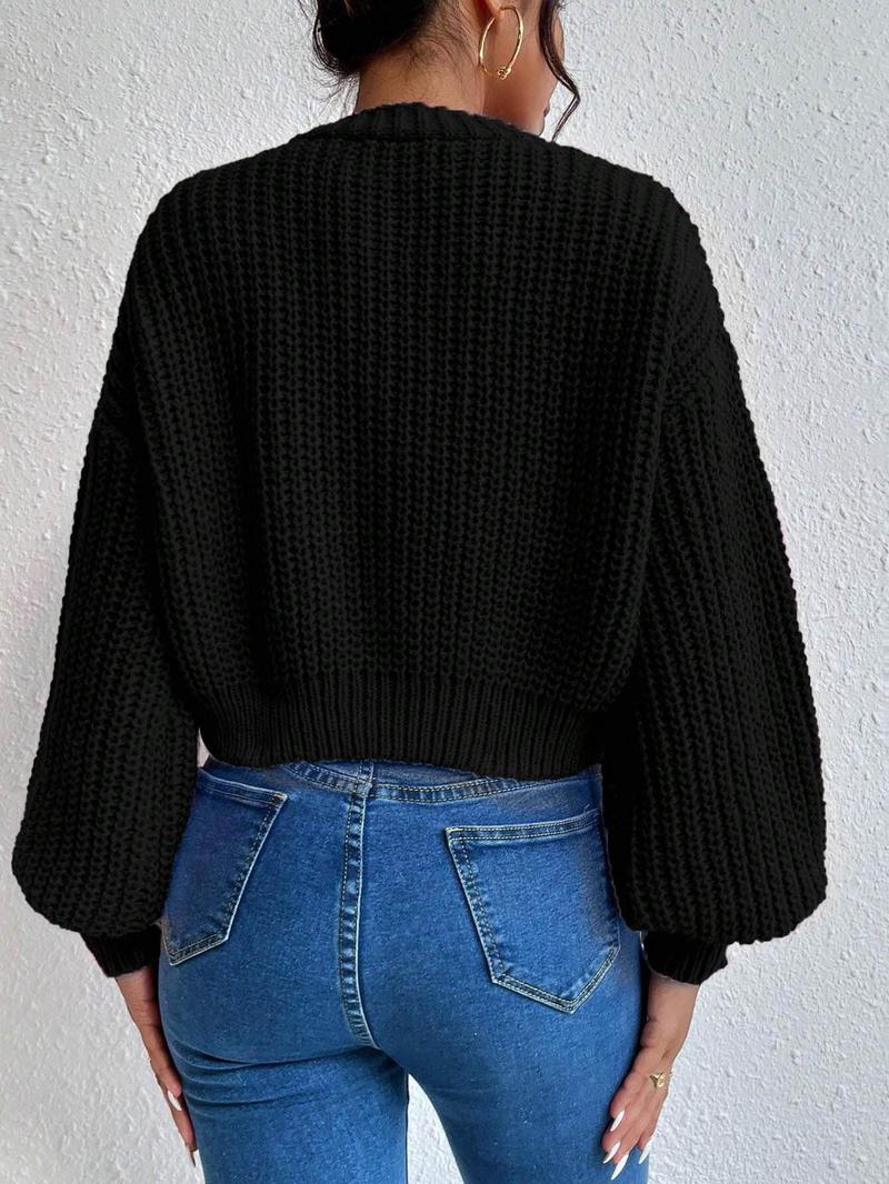 Women's Plain Bishop Sleeve Button Front Cardigan, Lady Casual Long Sleeve V Neck Knitwear for Fall & Winter, Fashion Women's Knit Clothes for Daily Wear, Women's Sweaters, Womenswear, Knitting Tops for Women