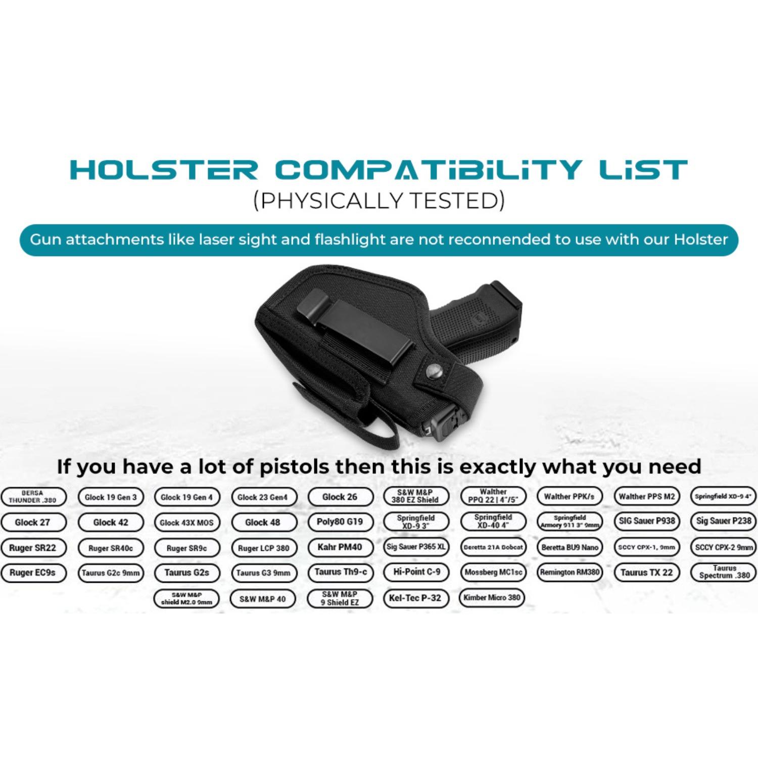 Pistol holsters (for 9mm, .380, and .45ACP pistols), IWB/OWB concealed carry holsters with magazine pouches for men and women, ambidextrous concealed carry (CCW) holsters (fit Glock, Smith & Wesson M&P, and SIG Sauer pistols), pistol mounting systems, eve