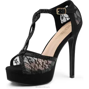 Women's Peep Toe Platform 5 inch Stiletto Heels Ankle Strap Lace Heels Sexy Prom ShoesDD16MunchMingle