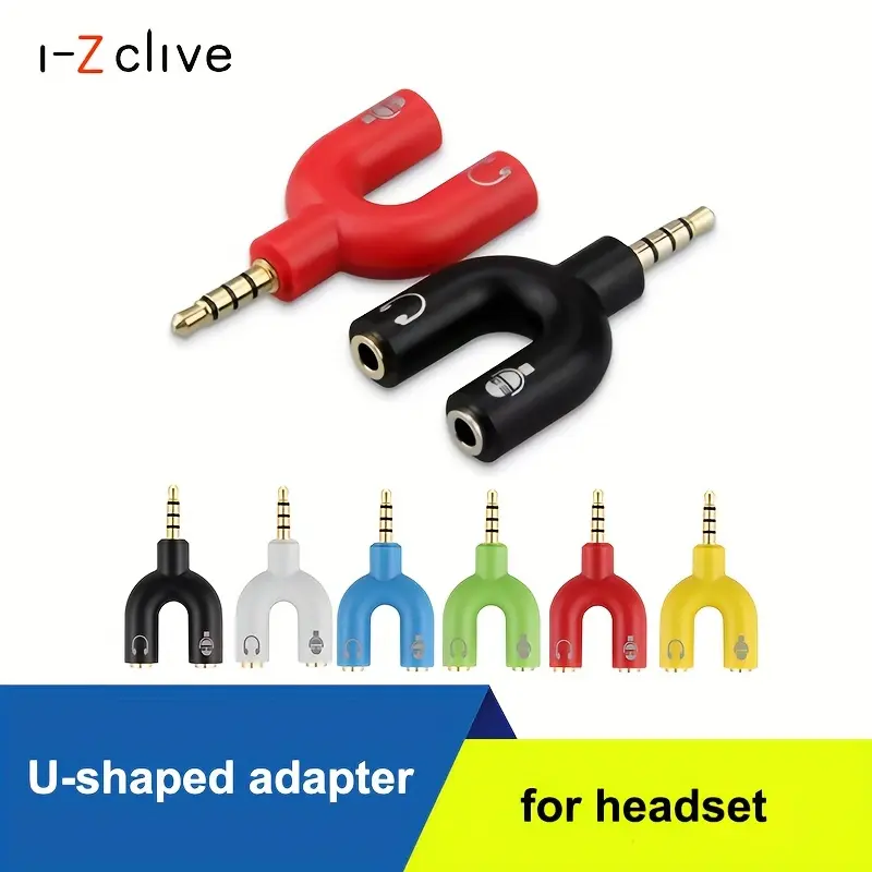 U Shaped 3.5mm Audio Jack Splitter Adapter 1 Male to 2 Female Headphone Microphone Converter Dual Aux Port Y Splitter for Gaming Headset PC Laptop PS4 PS5 Controller Mobile Phone Live Streaming Sound Card Mic Adapter