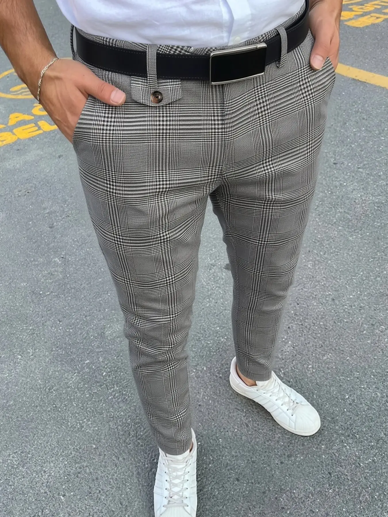 Men's Business Suit Pants, Slim Fit Houndstooth Pattern, Versatile for Daily Wear and Events, Fake Pocket Dual Button Design