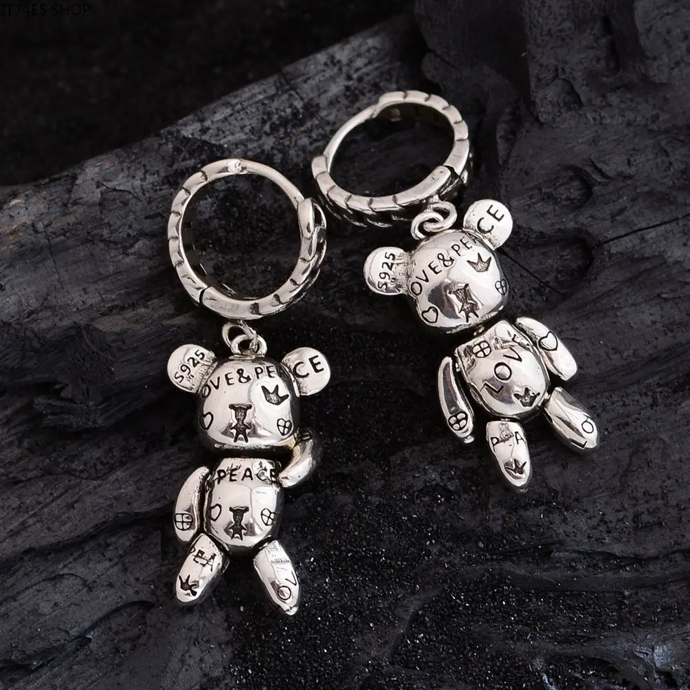 Graffiti Trendy Bear Pendant Earrings for Women, Retro High-End Personalized Viral Ear Buckles, Light Luxury Fashion Jewelry