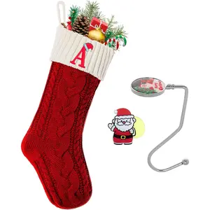 18 Inches Knitted Personalized Embroidered Monogram Christmas Stockings with Initials Red White Letter A for Kids Family Holiday Fireplace Party Decoration