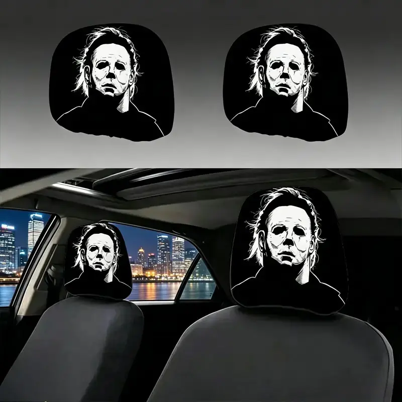 Gothic Michael Myers Polyester Car Headrest Covers (2 PCS) - Universal Fit for Cars/SUVs/Trucks, Breathable Horror Killer Design Auto Decor, Easy Install & Washable Black Automotive Interior Neck Pillow Accessories
