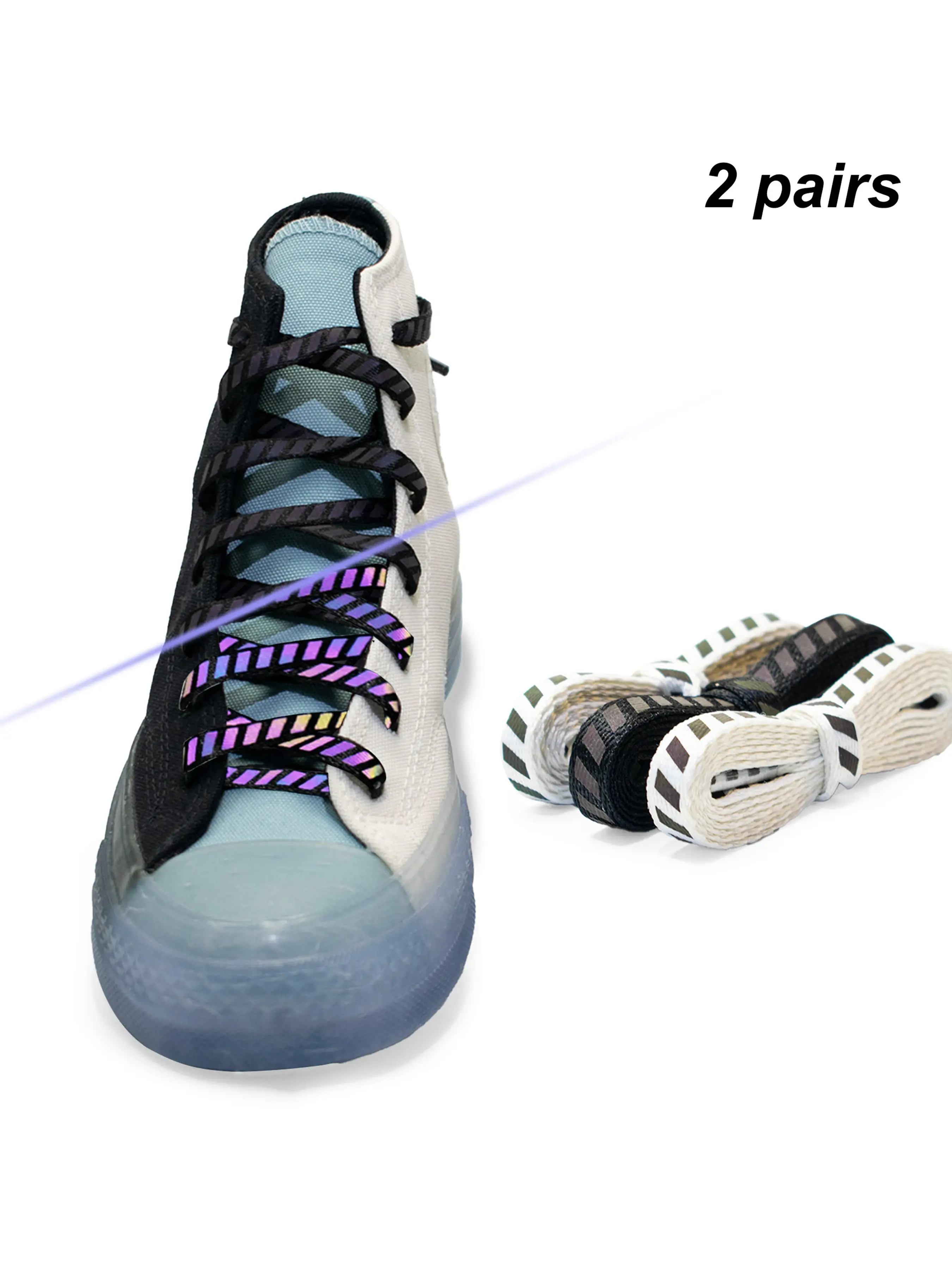 Two Pairs Classic Striped Reflective Shoelaces, 0.24 Inch Wide, Daily Replacement, Comfortable & Durable Design