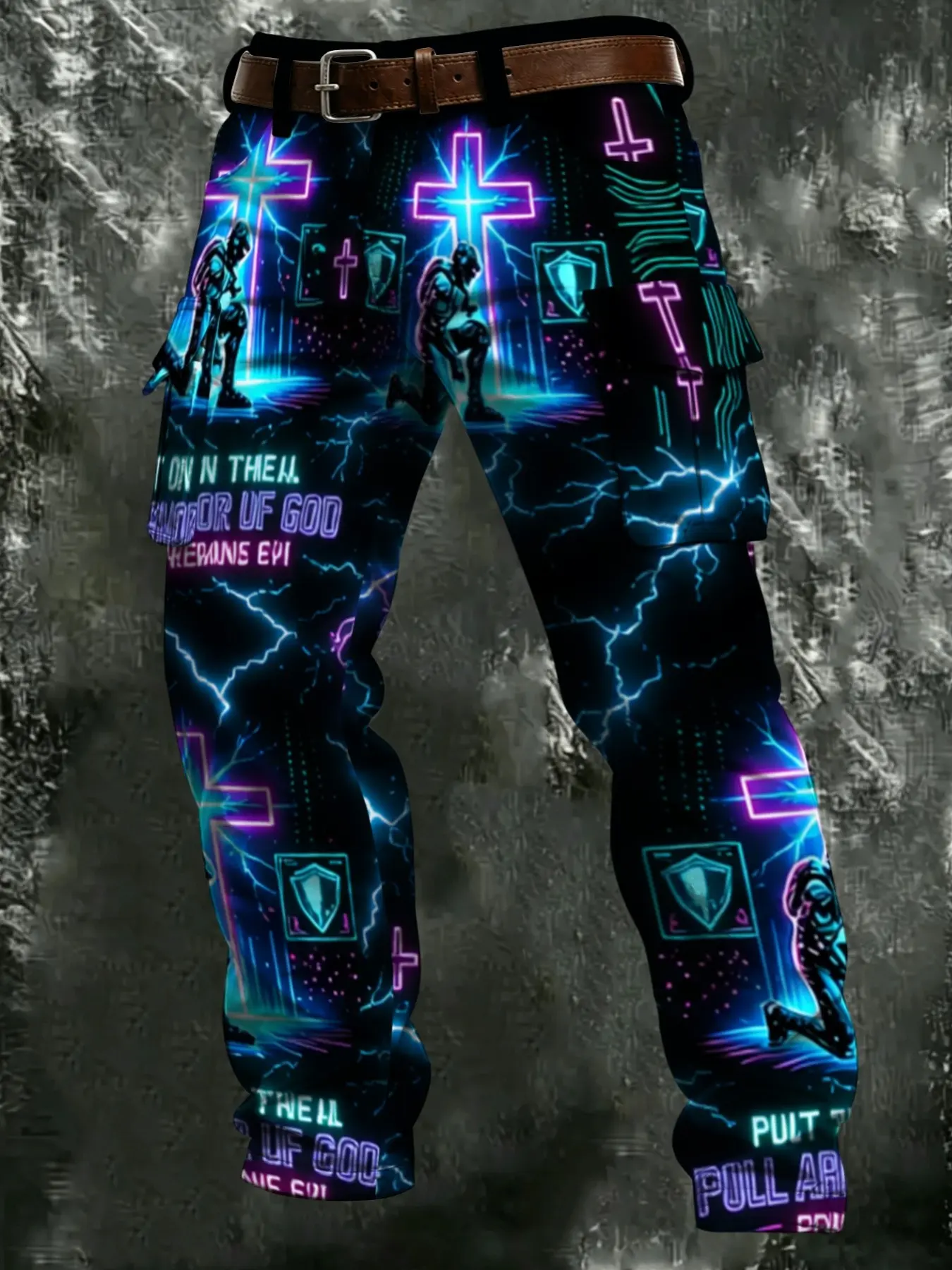 Cyberpunk Neon Cross Print Workwear Pants, Lightning Prayer Warrior Pattern, Loose Ankle Fit, Casual Fall Winter Long Trousers