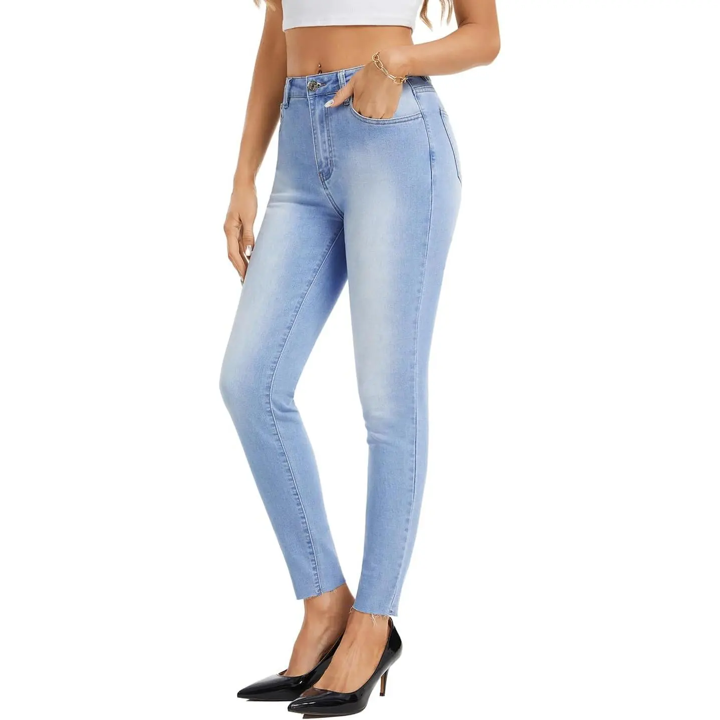 Women Classic High Waisted Skinny Jeans Stretch Distressed Butt Lifting Jeans Slim Fit Denim Pants