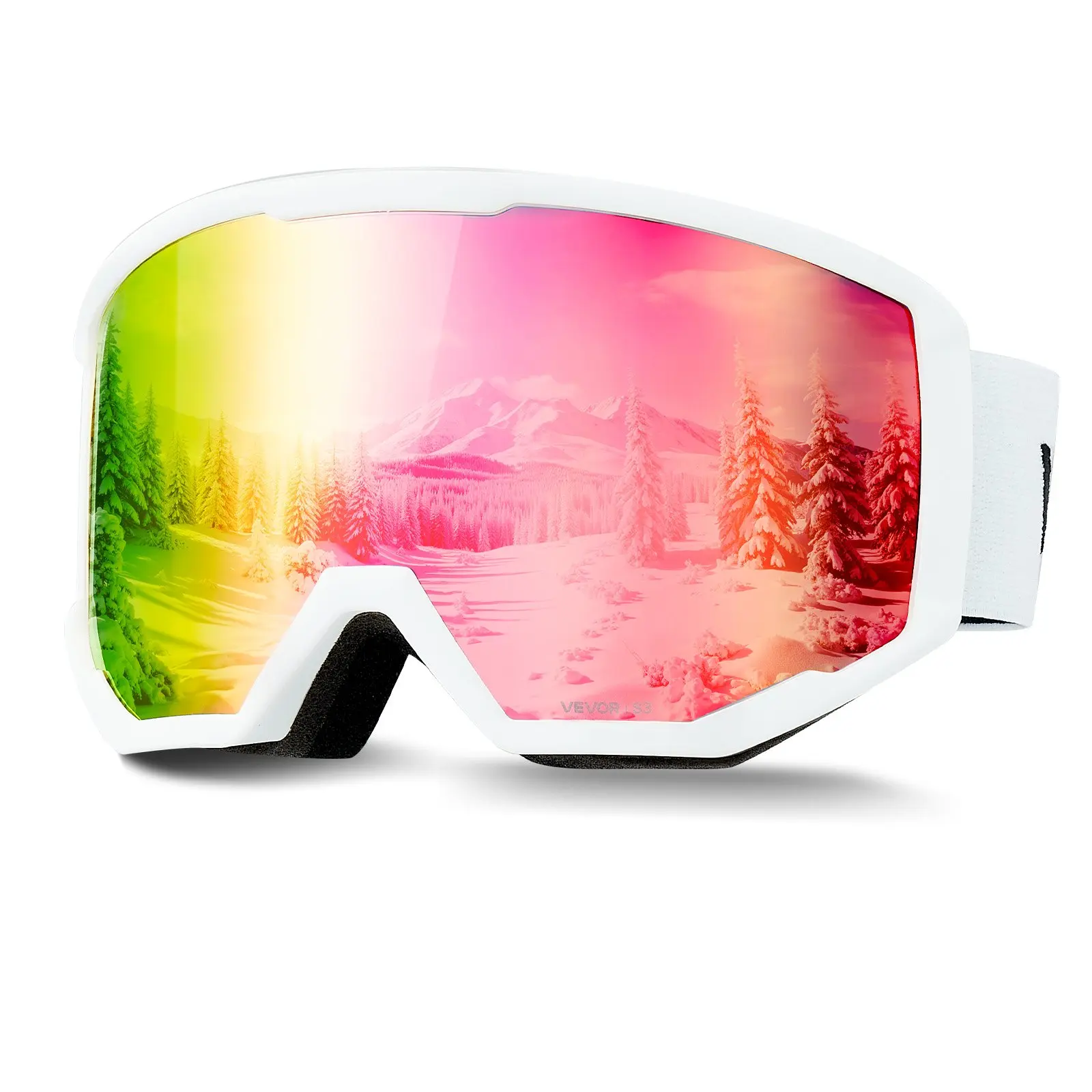 VEVOR Ski Goggles, Cylindrical Lens with Pink Revo Coating, OTG Anti fog Snow Goggles for Men Women Youth, TPU Frame Ventilation Structure, Suitable for Skiing, Skating, Snowboarding, Cycling