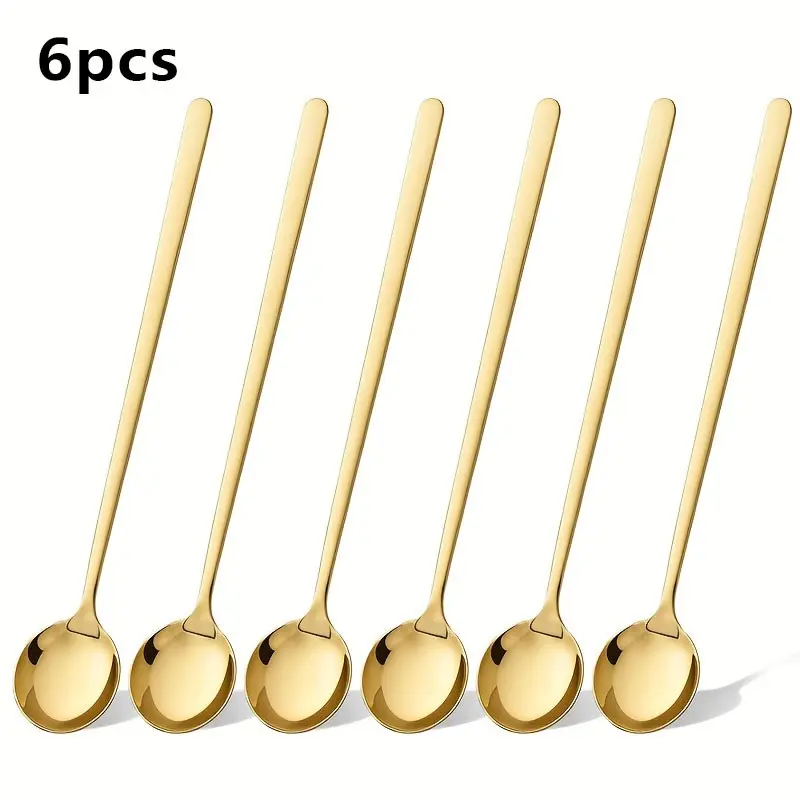 6pcs Gloden Silverware Set Long Coffee Stirring Spoons, Stainless Steel Teaspoons, Sweet Treat Spoons, Dishwasher Safe Kitchenware Cutlery Set, Mirror Flatware Utensil Sets for Home Hotels And Restaurant