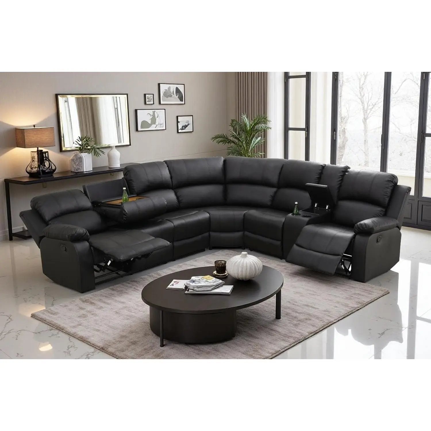 AobtkelA Ainehome Sectional Couch Recliner Sofa Set with Storage, Black Leather Sofa Sets Manual Reclining Sectional Couches for Living Room with 2 Recliner Seats(Living Room Set, Black)