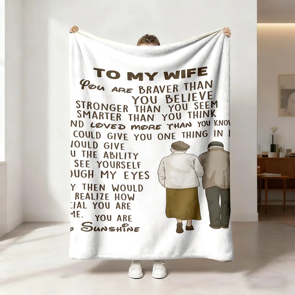 1 piece of "To My Wife" digital-printed flannel blanket. It's soft, warm, and multi-functional, suitable for sofa bed covers, office nap blankets, outdoor camping blankets, and all-season gifts.